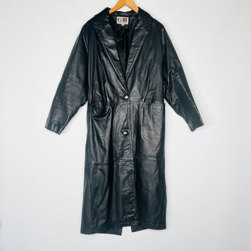 Vintage 80s G-III Black Leather Belted Oversized Trench Coat Jacket Womens M